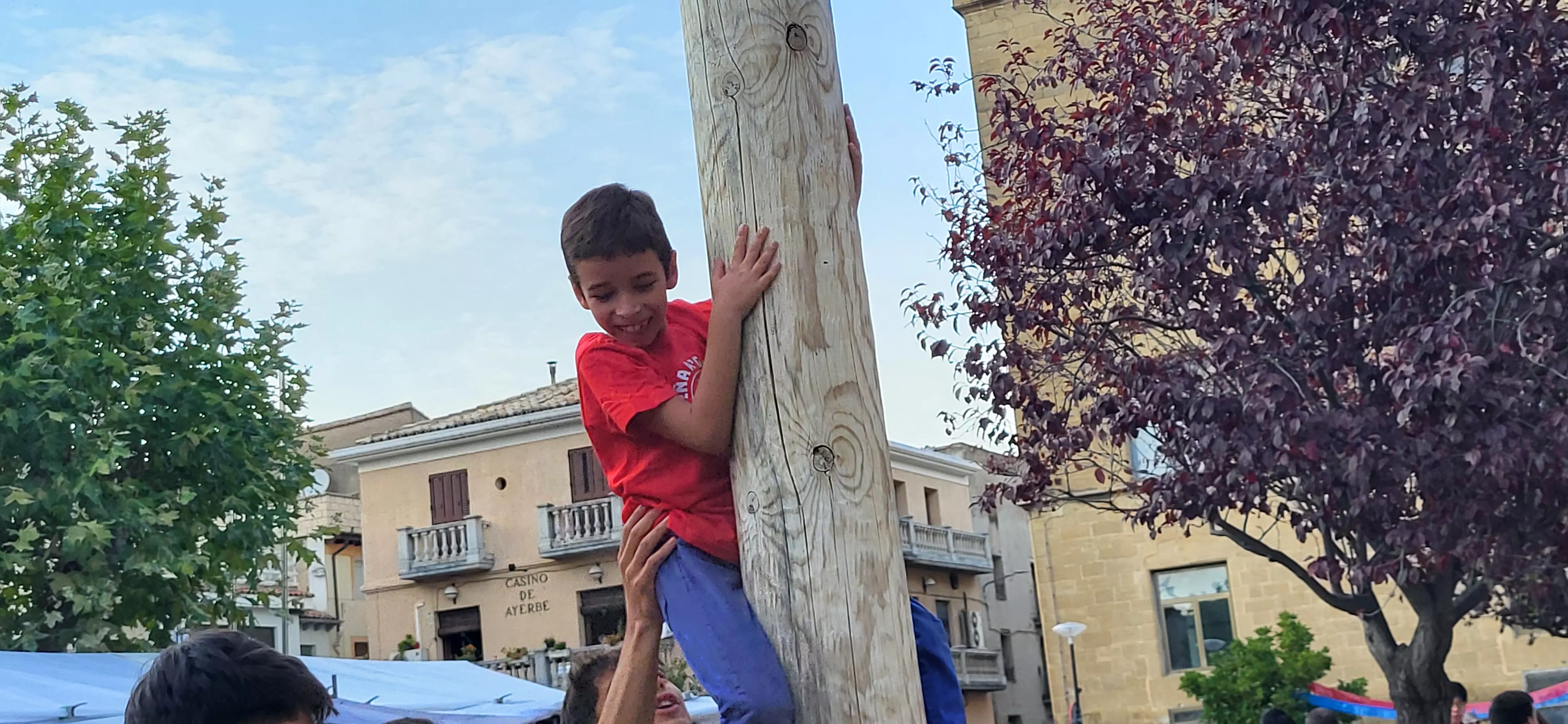 Madero enjabonado en las fiestas de Ayerbe. Foto Mercedes Manterola