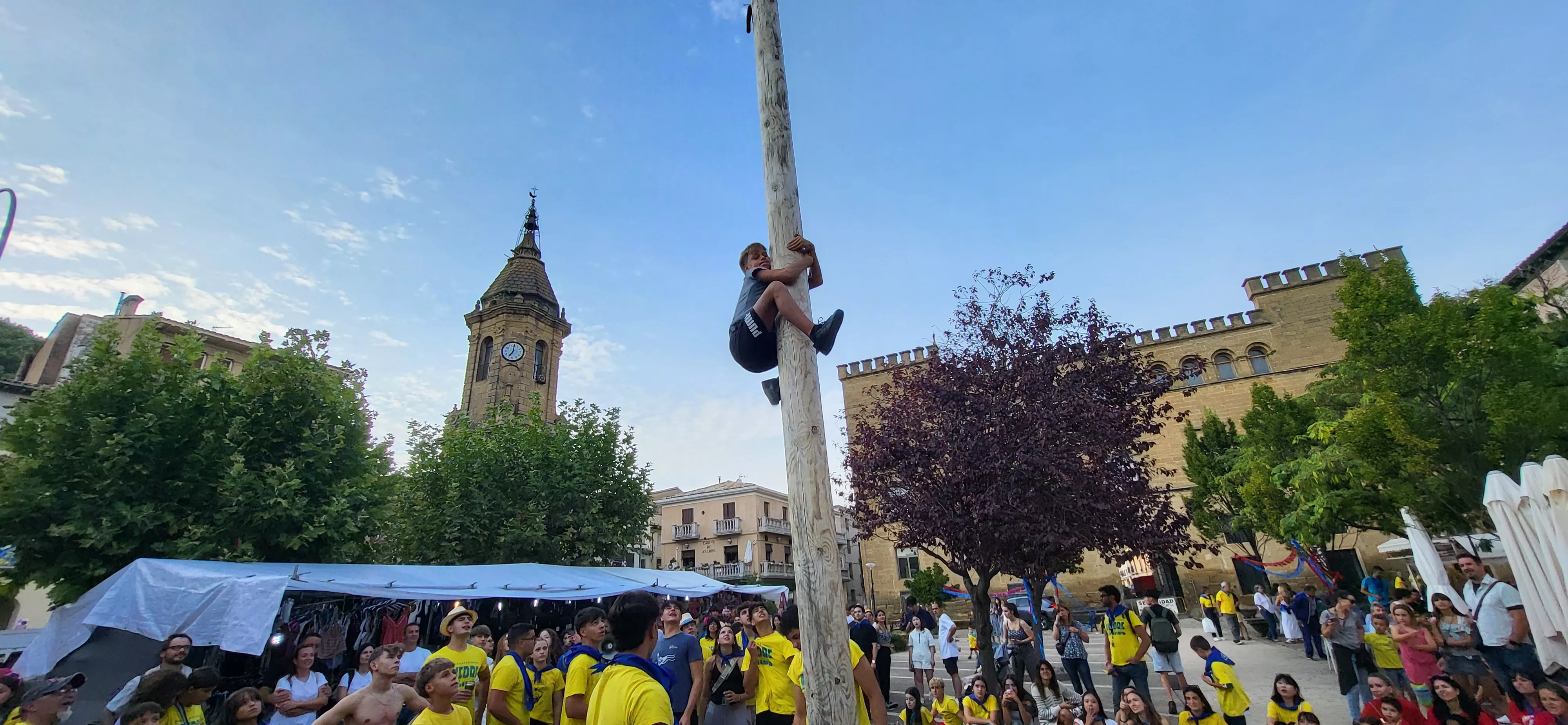 Madero enjabonado en las fiestas de Ayerbe. Foto Mercedes Manterola