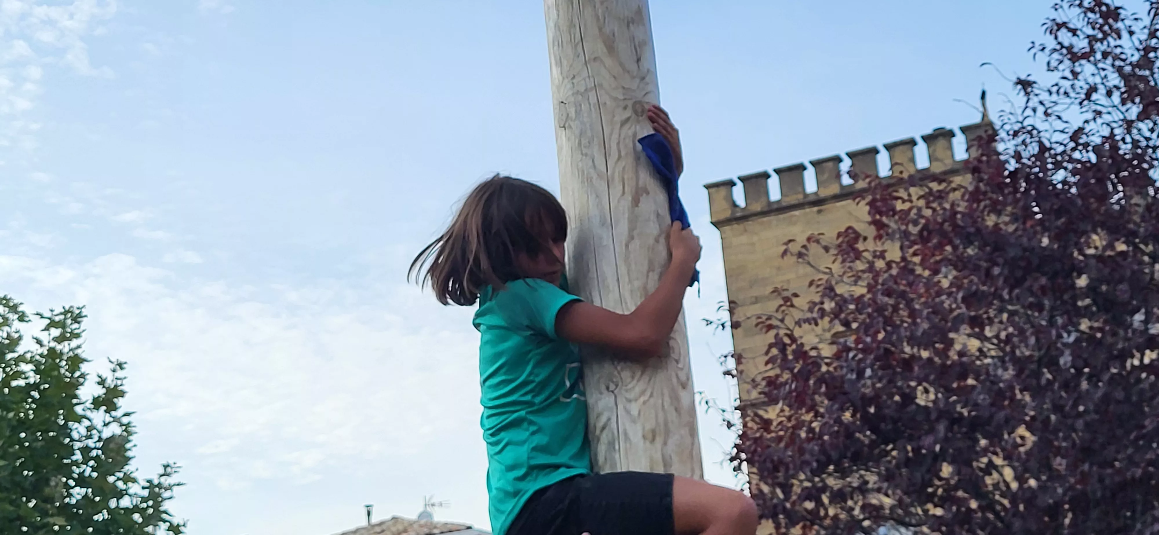 Madero enjabonado en las fiestas de Ayerbe. Foto Mercedes Manterola