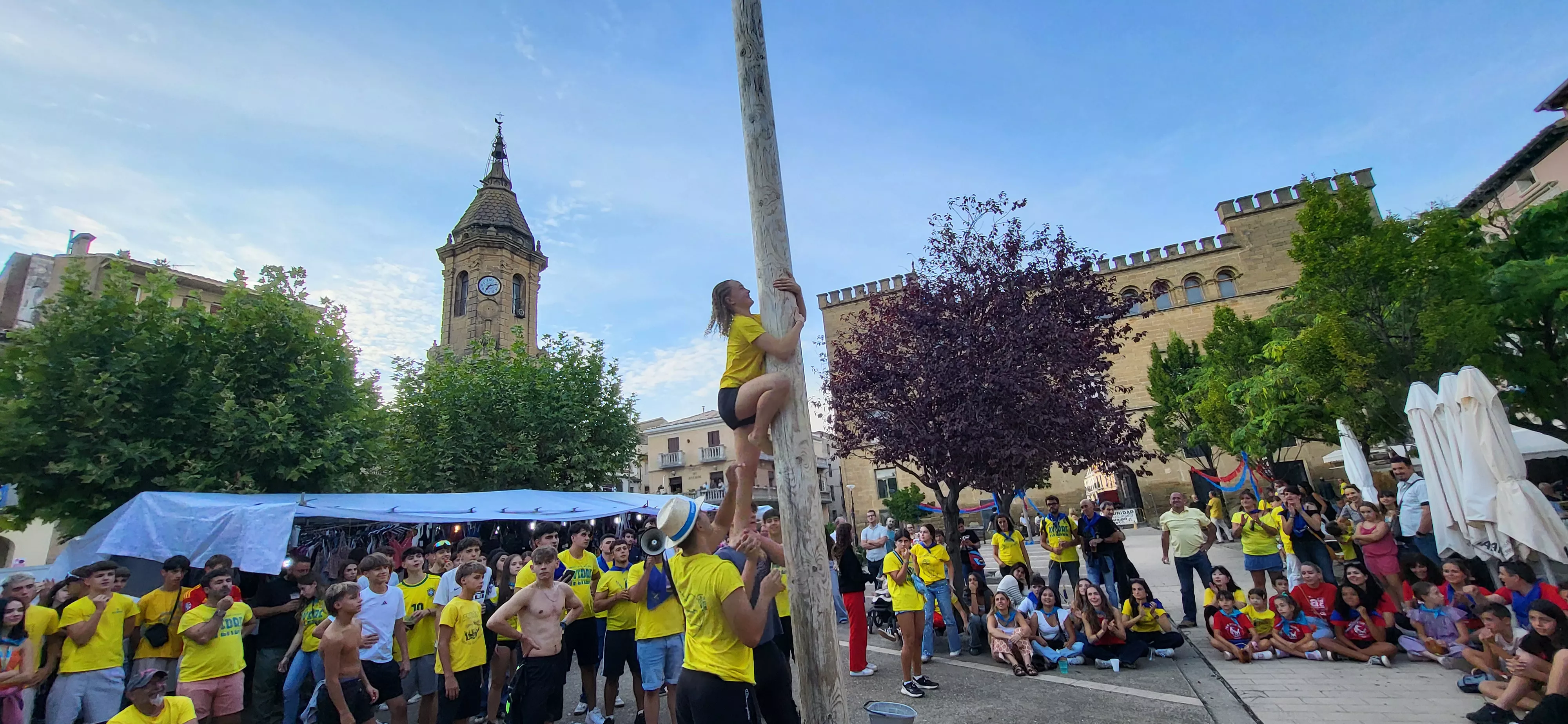 Madero enjabonado en las fiestas de Ayerbe. Foto Mercedes Manterola