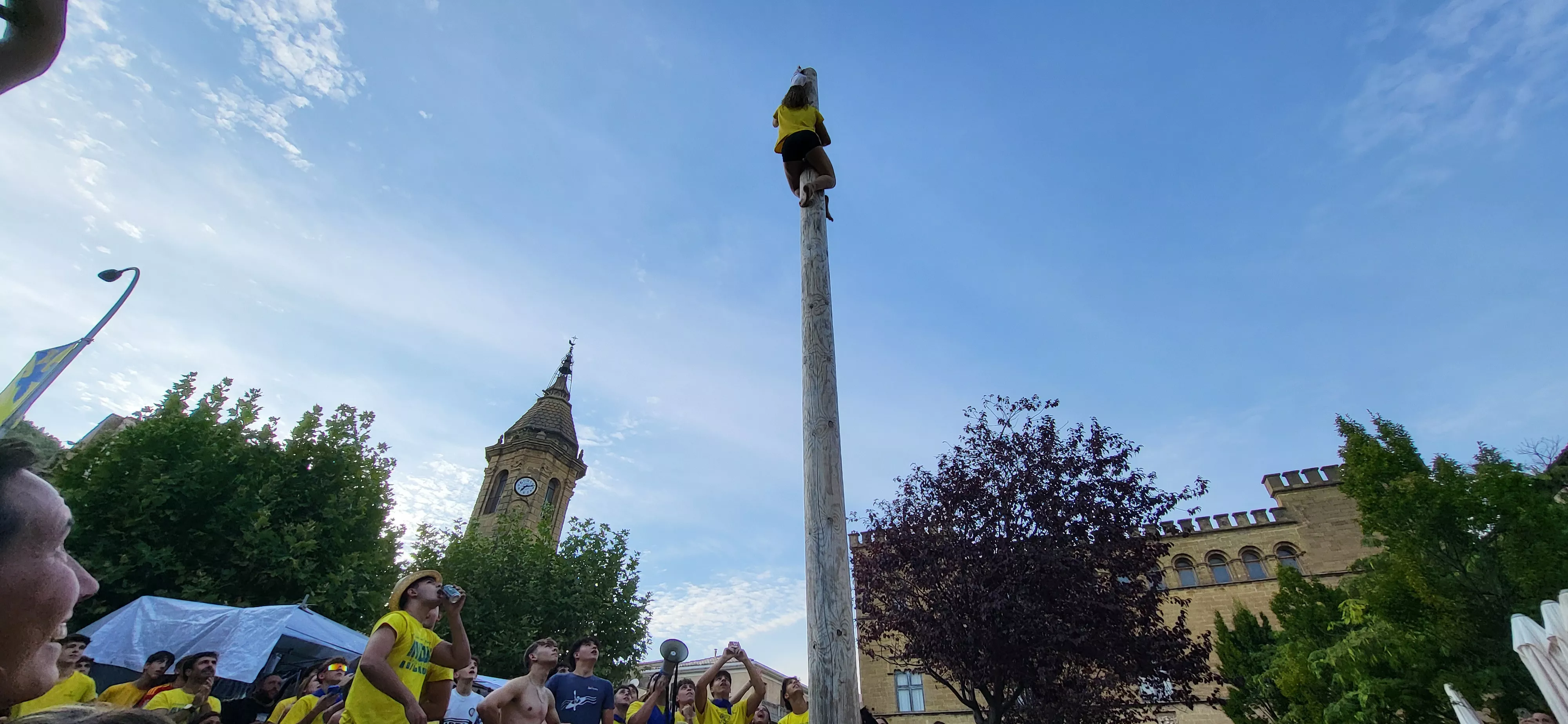 Madero enjabonado en las fiestas de Ayerbe. Foto Mercedes Manterola