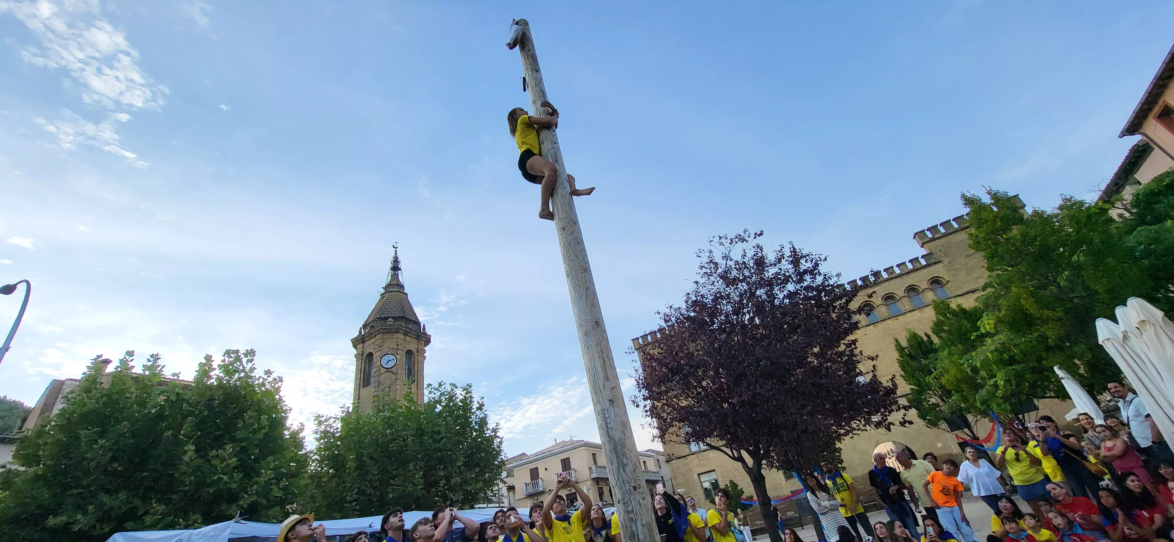 Madero enjabonado en las fiestas de Ayerbe. Foto Mercedes Manterola