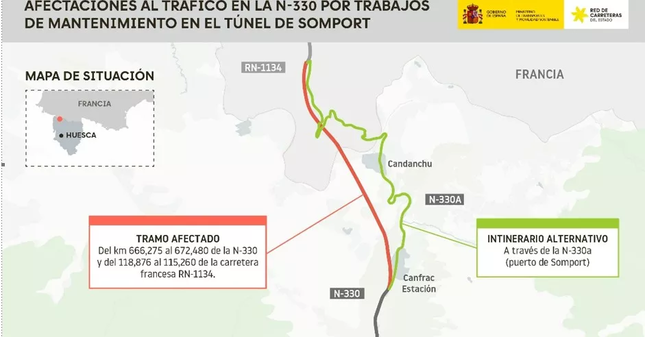 Afecciones al tráfico por el cierre nocturno del túnel de Somport