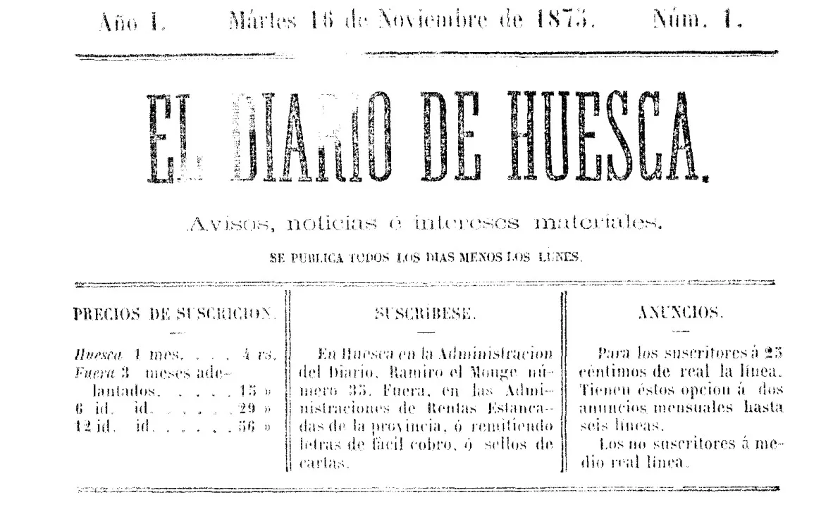 Primer número de EL DIARIO DE HUESCA de 16 de noviembre de 1875
