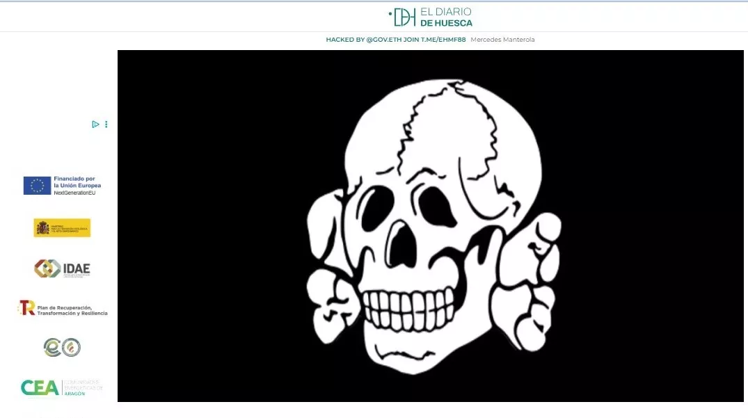 Imagen de la web de EL DIARIO DE HUESCA hackeada por Gov.Eth