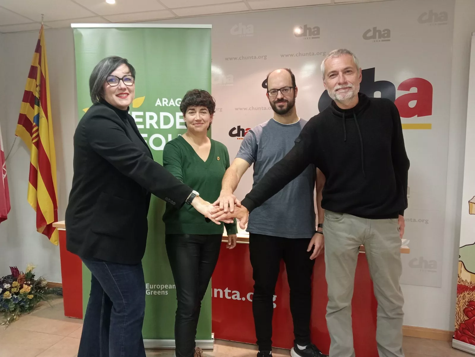 Verónica Villagrasa, Silvia Mellado, Jorge Luis Bail y José Ramón Ceresuela en la presentación del acuerdo de CHA y Verdes Equo