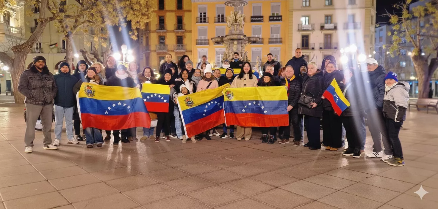 La comunidad venezolana en Huesca se ha concentrado en la Plaza de Navarra. Foto Myriam Martínez