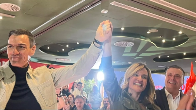 Acto electoral del PSOE con Pedro Sánchez y Pilar Alegría en Huesca. Foto Mercedes Manterola