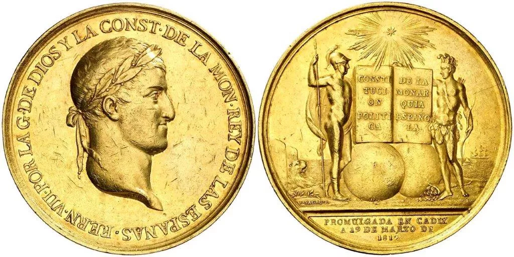 Moneda conmemorativa de la Constitución y de la monarquía de Fernando VII al que sirvió Dolarea y Pascual de Nieva