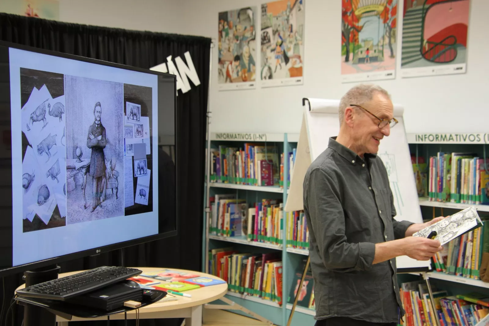 Encuentro con el ilustrador Javier Sáez en la Biblioteca Durán Gudiol. Foto Carlos Neofato