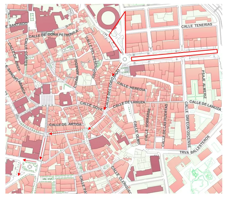 Plano del recorrido de la cabalgata del carnaval de Huesca.