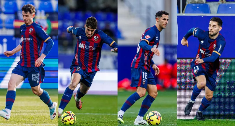 Toni Abad, Enol, Jesús Álvarez y Liberto, jugadores lesionados del Huesca. Foto: SD Huesca