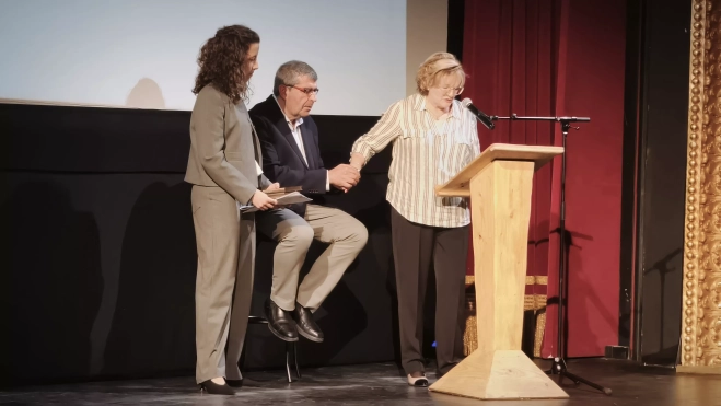 Ignacio Almudévar y Alicia López durante la presentación del libro en el Teatro Olimpia. Foto María José Sampietro