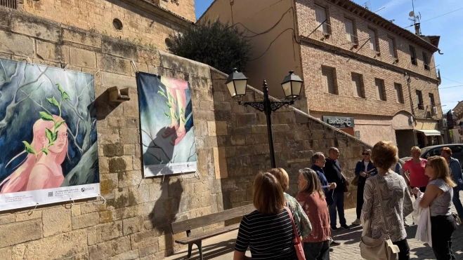 Ilustraciones sobre novelas de misterio cuelgan con lonas sobre edificios históricos de Fonz .