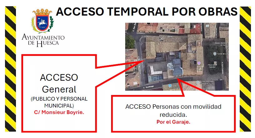 El acceso al Ayuntamiento de Huesca se traslada por las obras en la Casa Consistorial.