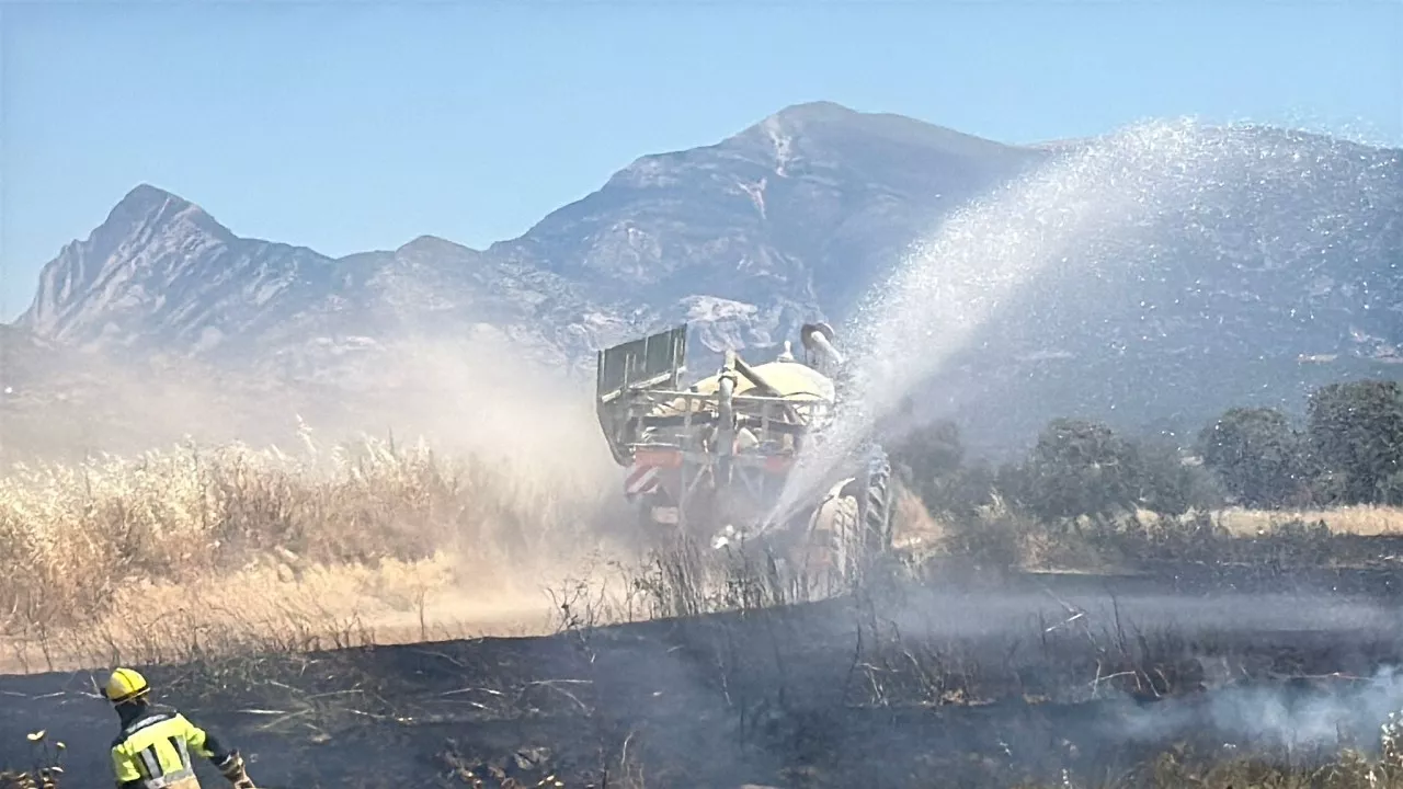 Un incendio en campos de cereal de Loporzano, atajado por la intervención de agricultores y bomberos. Video de Ignacio Almudévar