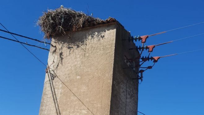 Torre con el nido de cigüeña