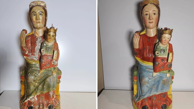 Antes y después de la restauración de la talla. Antes y después de la restauración de la talla.