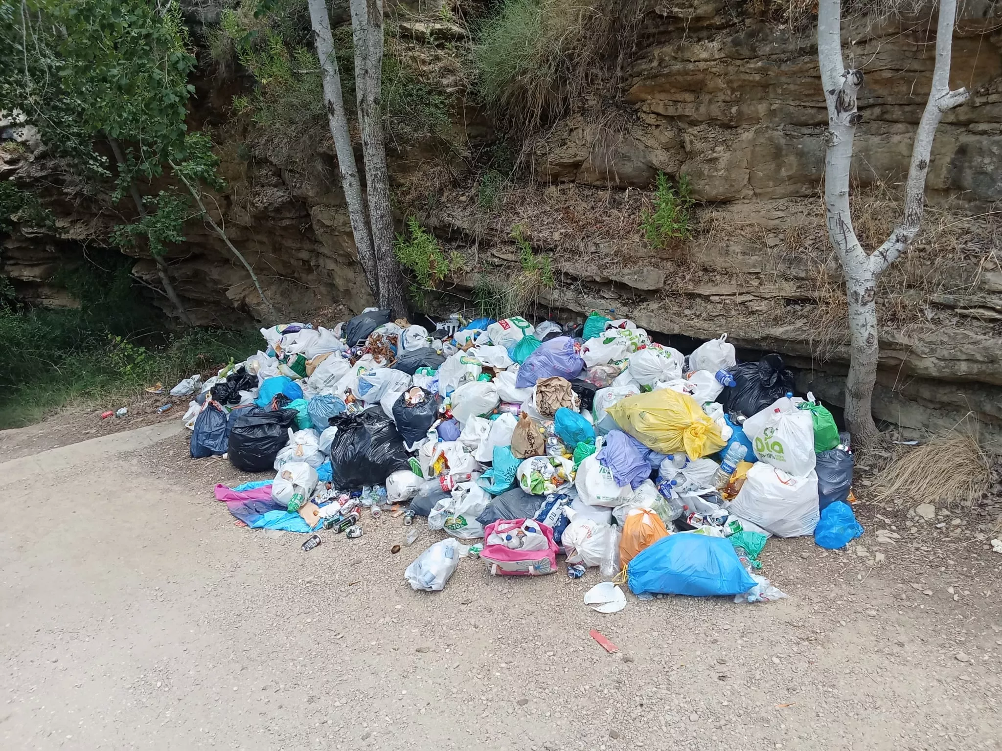 Bolsas de basura y suciedades varias en el Puente Viejo del Alcanadre entre Angüés y Lascellas.