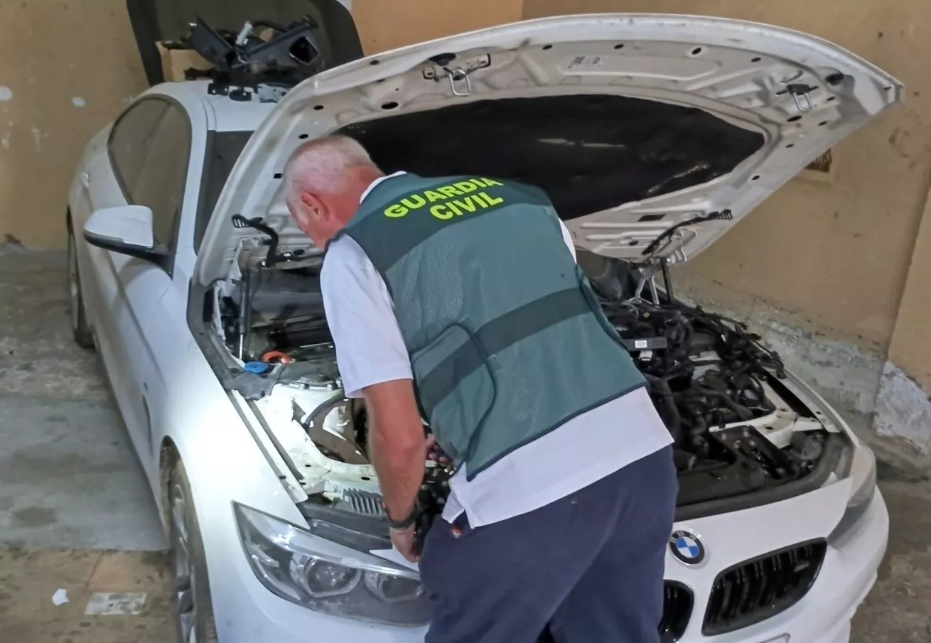 Un guardia civil comprueba un coche en uno de los talleres ilegales. Foto Guardia Civil