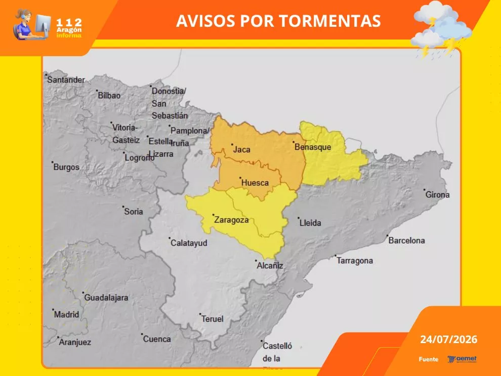 La Aemet eleva a naranja el aviso por tormentas en el Pirineo y centro de la provincia.