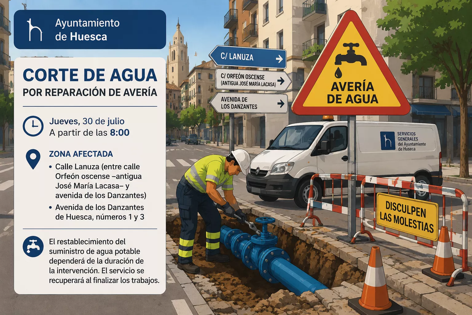 Un corte de agua afectará este jueves a parte de la calle Lanuza y la avenida de los Danzantes.