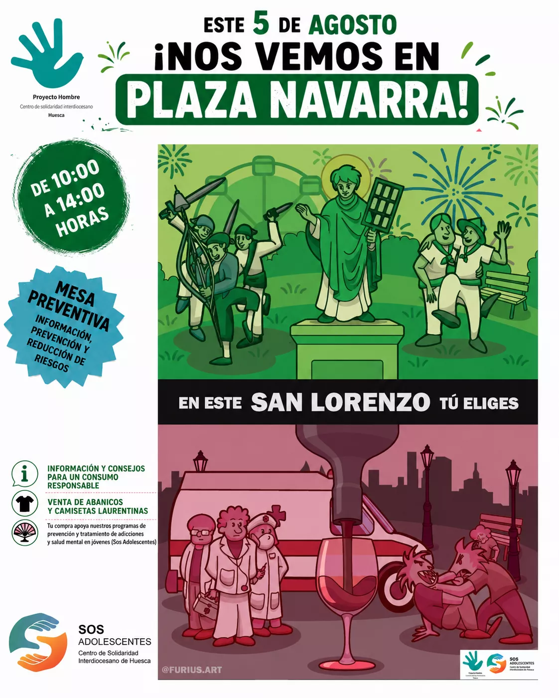 Nuevo cartel campaña san lorenzo 26. Proyecto Hombre anima a vivir un San Lorenzo seguro con una campaña de prevención en la plaza Navarra