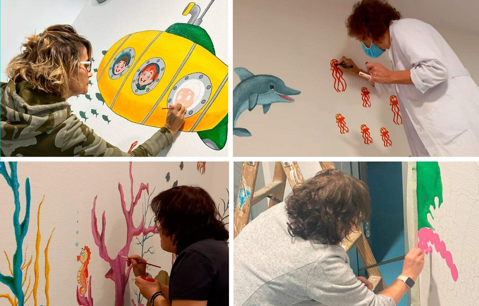 María José Calvo y sus compañeras, en plena acción artística. 