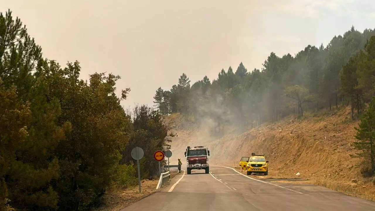 Trabajos contra el avance del fuego en la A-132.