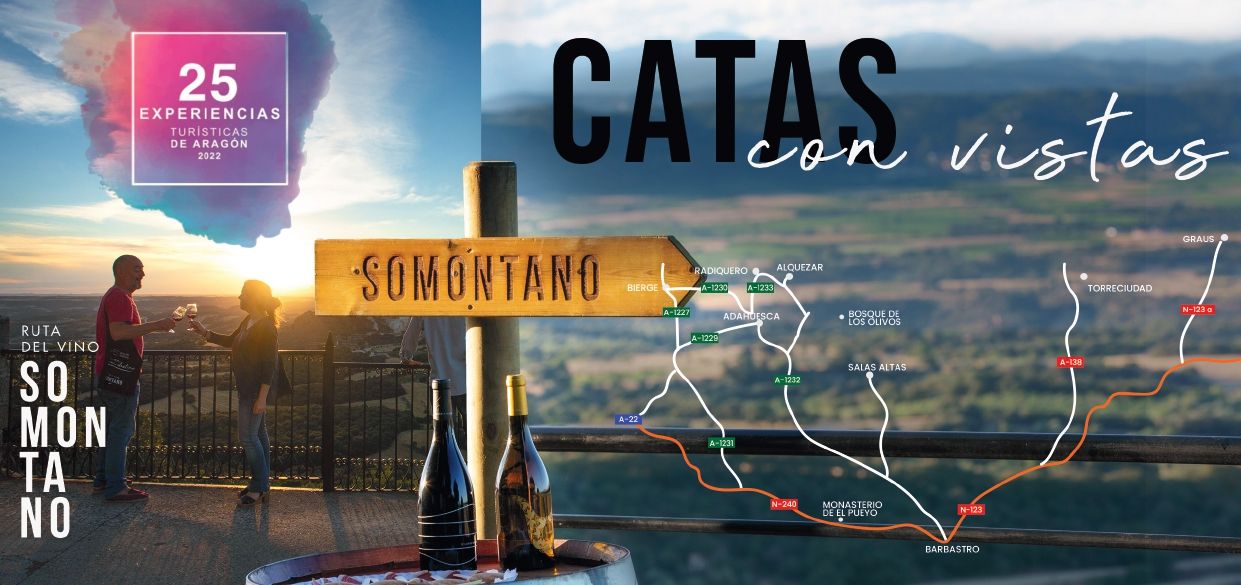 Cartel de las Catas con Vistas de la Ruta del Vino Somontano