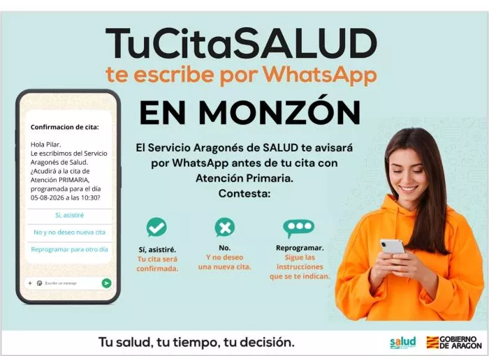 Cartel informativo de la llegada de Tu Cita Salud en Monzón.