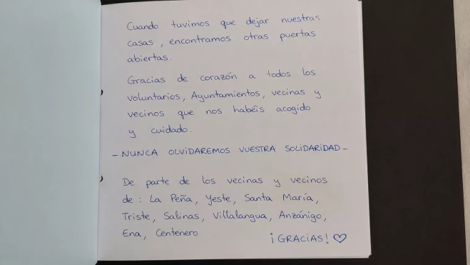Uno de los mensajes de agradecimiento al pueblo de Ayerbe y los voluntarios. Uno de los mensajes de agradecimiento al pueblo de Ayerbe y los voluntarios.
