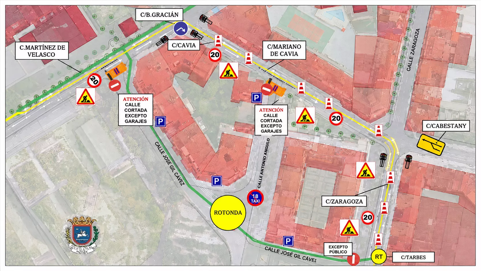 Plano con las calles cortadas debido a las obras en la calle José Gil Cávez.