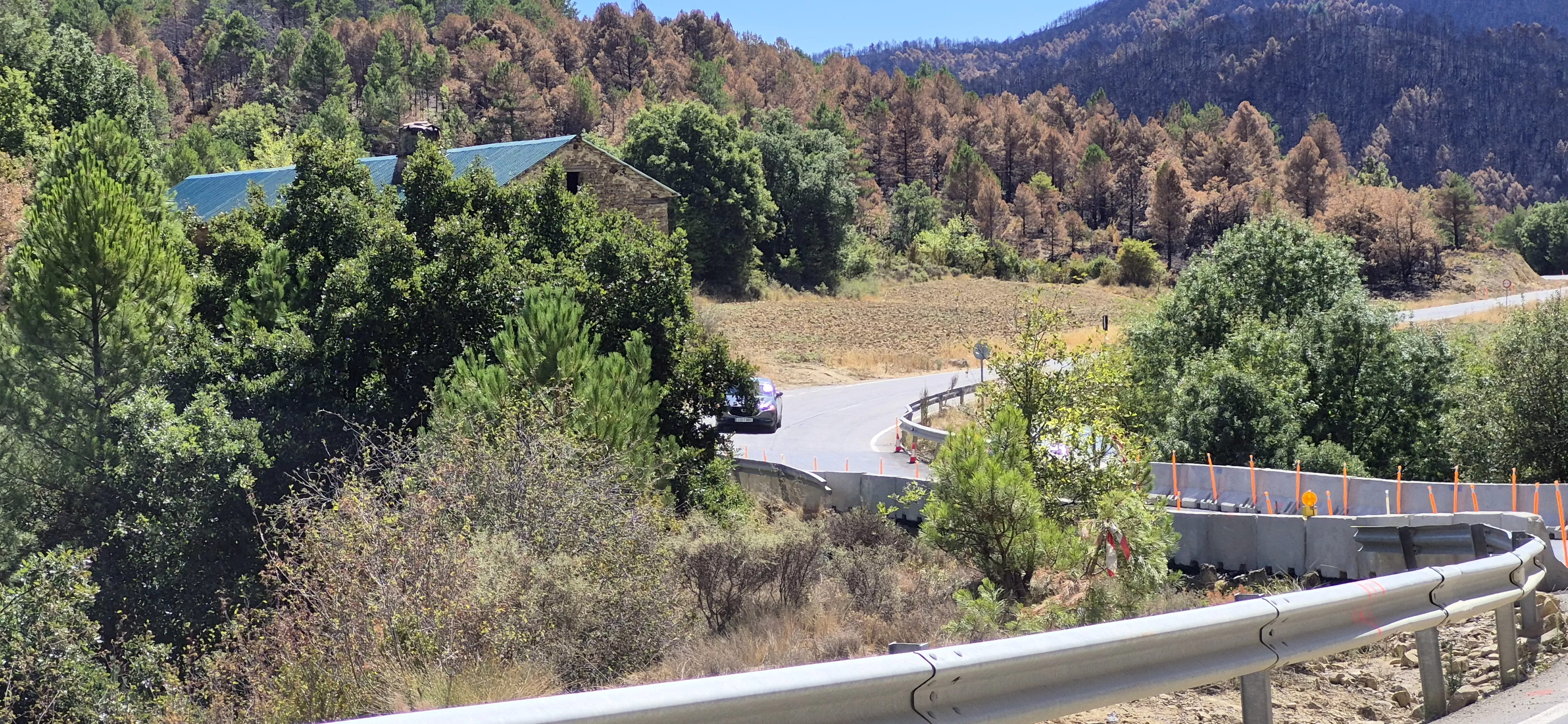Efectos del incendio en un tramo de la carretera A-132. Foto Myriam Martínez