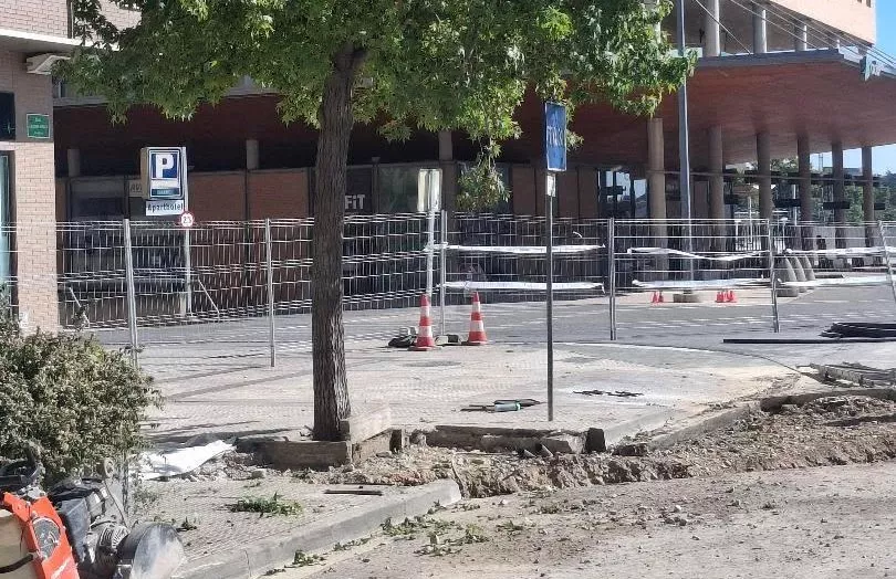 Obras junto a uno de los árboles para la rotonda de la estación.