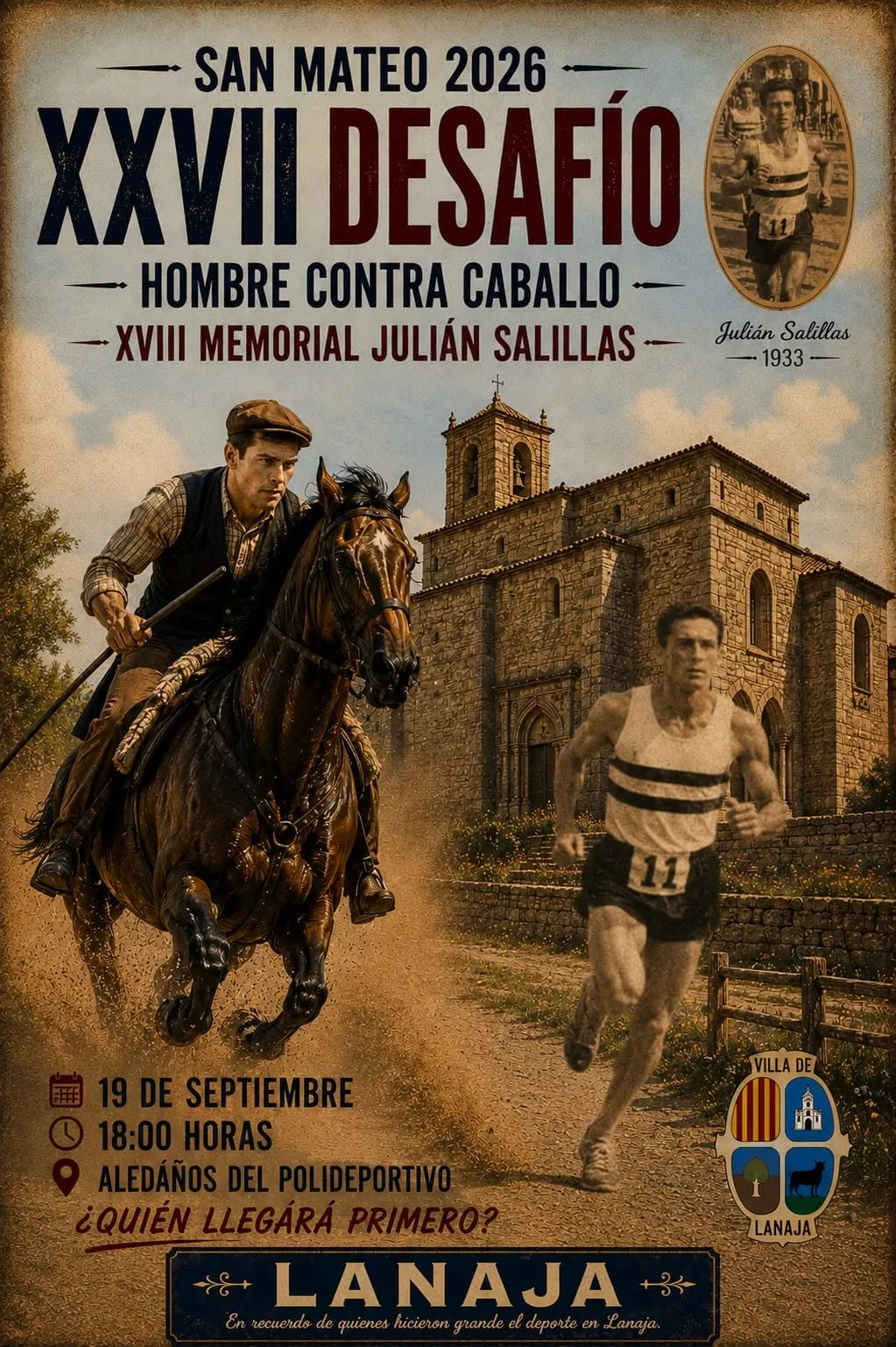Cartel del Desafío hombre contra caballo en Lanaja.