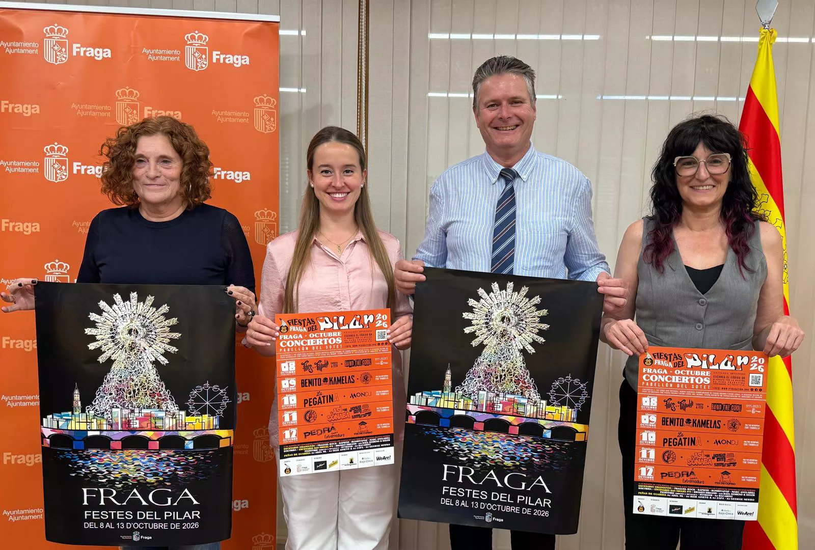 Canales, Aquilué, Gramún y Orús en la presentación de las Fiestas del Pilar de Fraga. Fraga prepara unas Fiestas del Pilar con más de un centenar de propuestas para todos los públicos