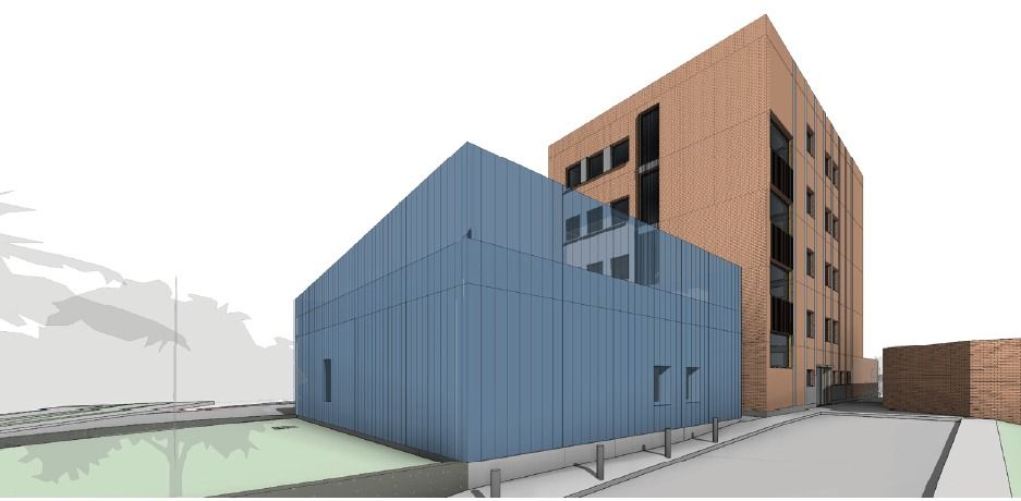 Recreación virtual del edificio anexo que se ubicará en el Hospital de Barbastro.