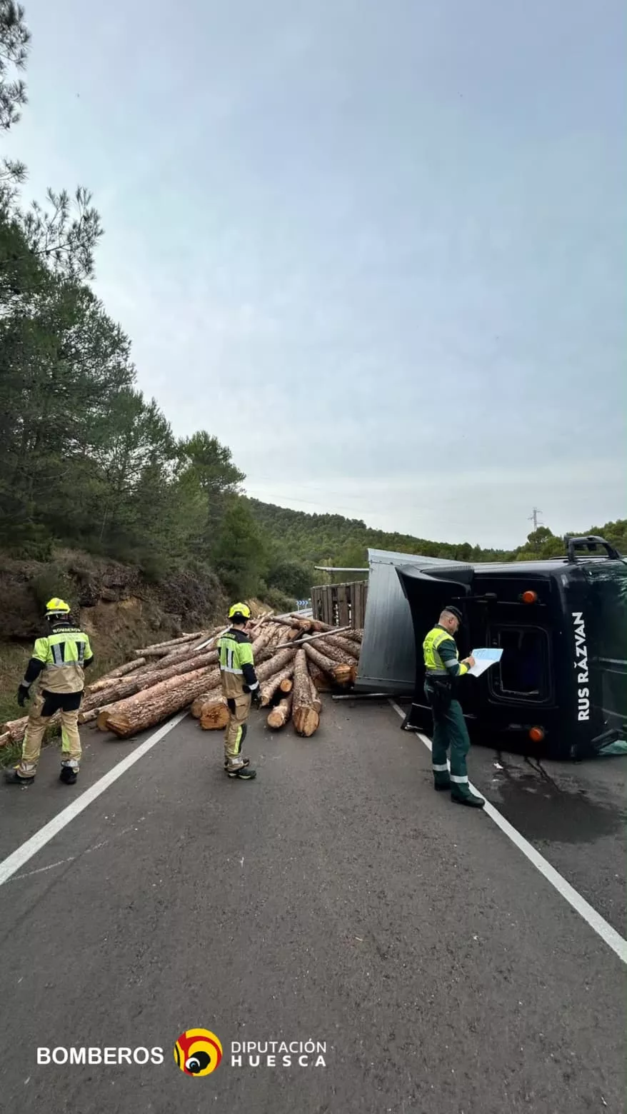Camión con madera volcada en El Grado