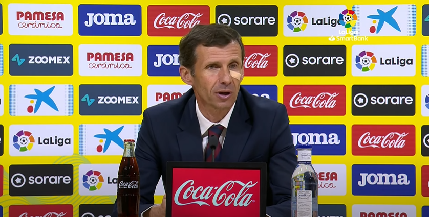 Cuco Ziganda, entrenador del Huesca, en la rueda de prensa posterior al empate ante el Villarreal B.