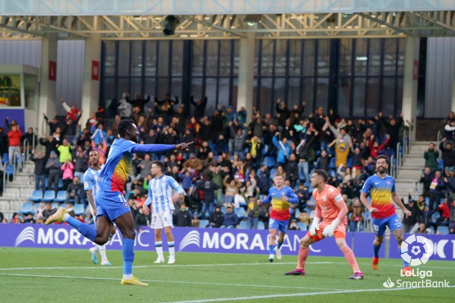 Bundu, jugador del Andorra, celebra el gol que dio la victoria a su equipo ante el Málaga hace dos semanas. Foto: LaLiga Bundu, jugador del Andorra, celebra el gol que dio la victoria a su equipo ante el Málaga hace dos semanas. Foto: LaLiga