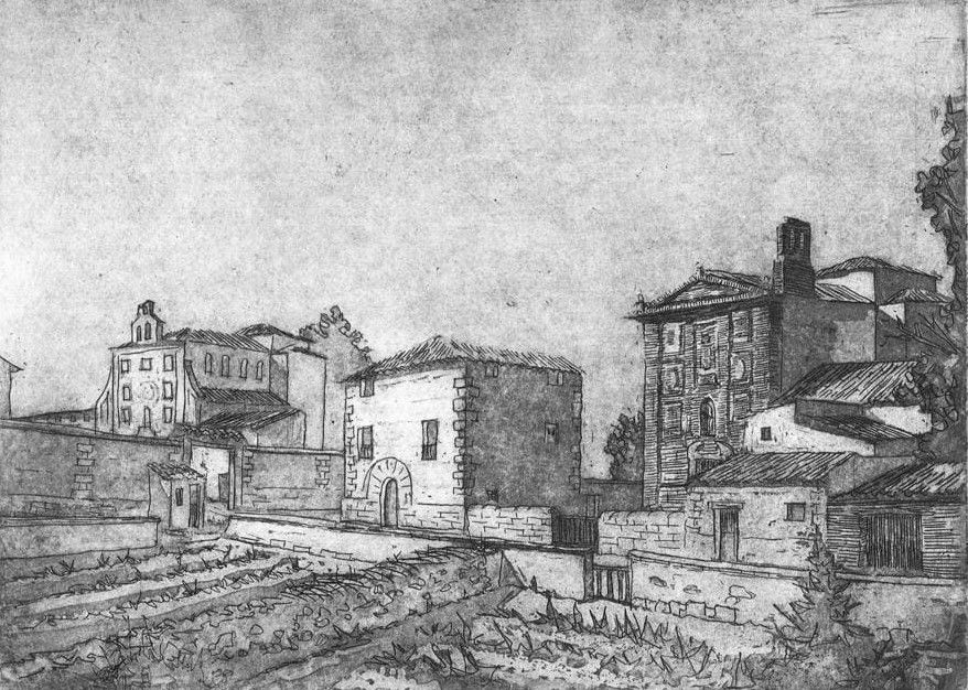 En primer término está el convento de carmelitas descalzas (P. Zaragoza) y a la izquierda San Alberto (Concepción Arenal. Dibujo de Antonio Naval Más En primer término está el convento de carmelitas descalzas (P. Zaragoza) y a la izquierda San Alberto (Concepción Arenal. Dibujo de Antonio Naval Más