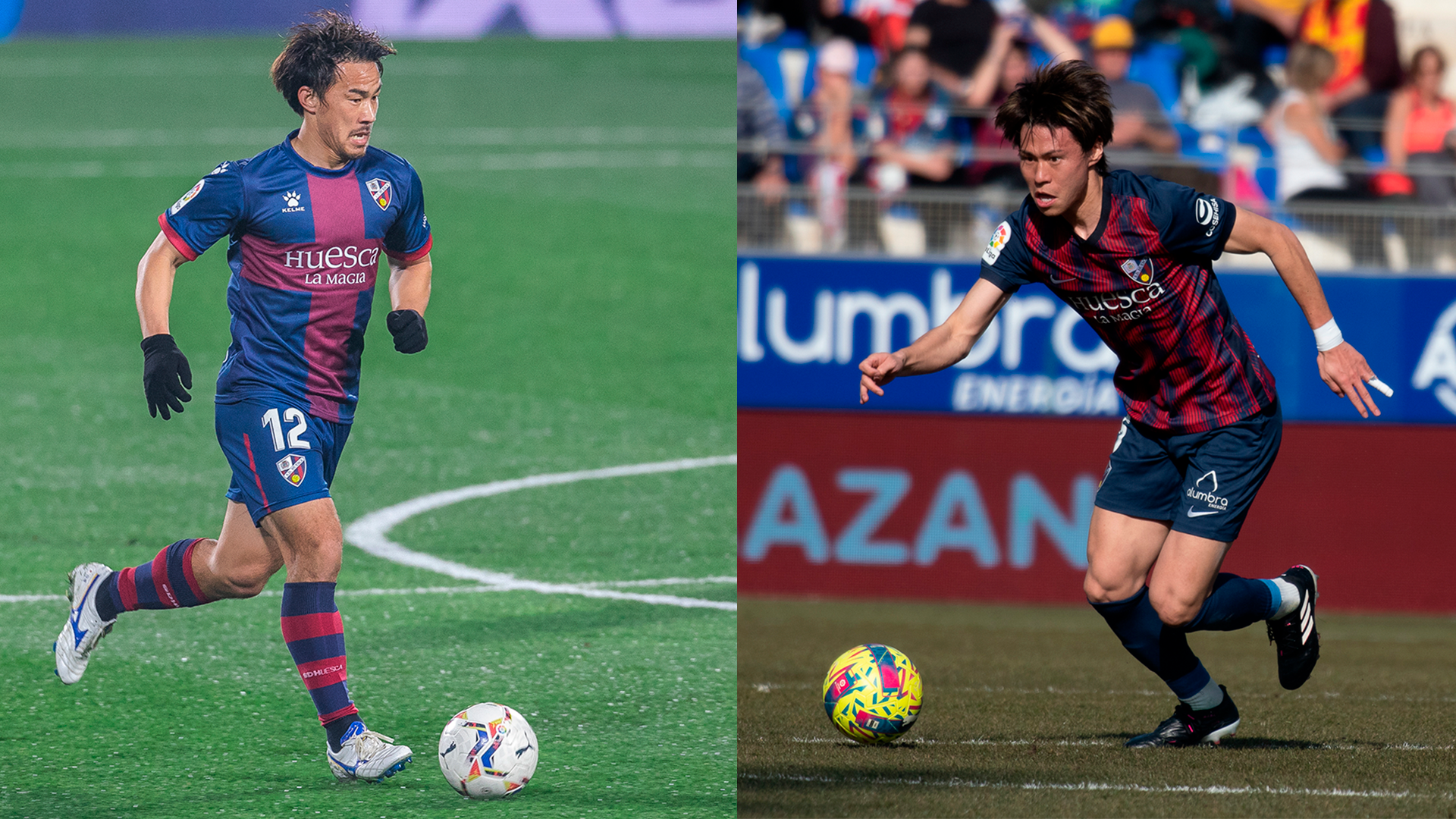 Okazaki y Kento, exjugador y jugador del Huesca.