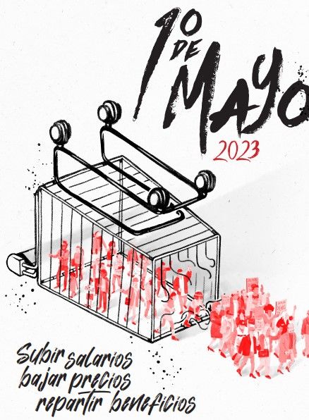 Cartel del Primero de Mayo de 2023. "Subir salarios, bajar precios y repartir beneficios", CCOO y UGT repiten lema