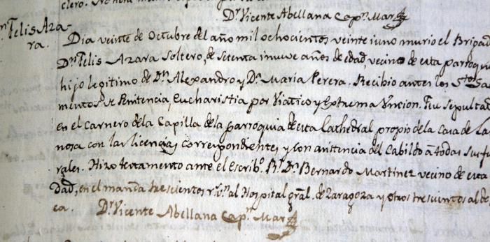 Acta de defunción de Félix de Azara