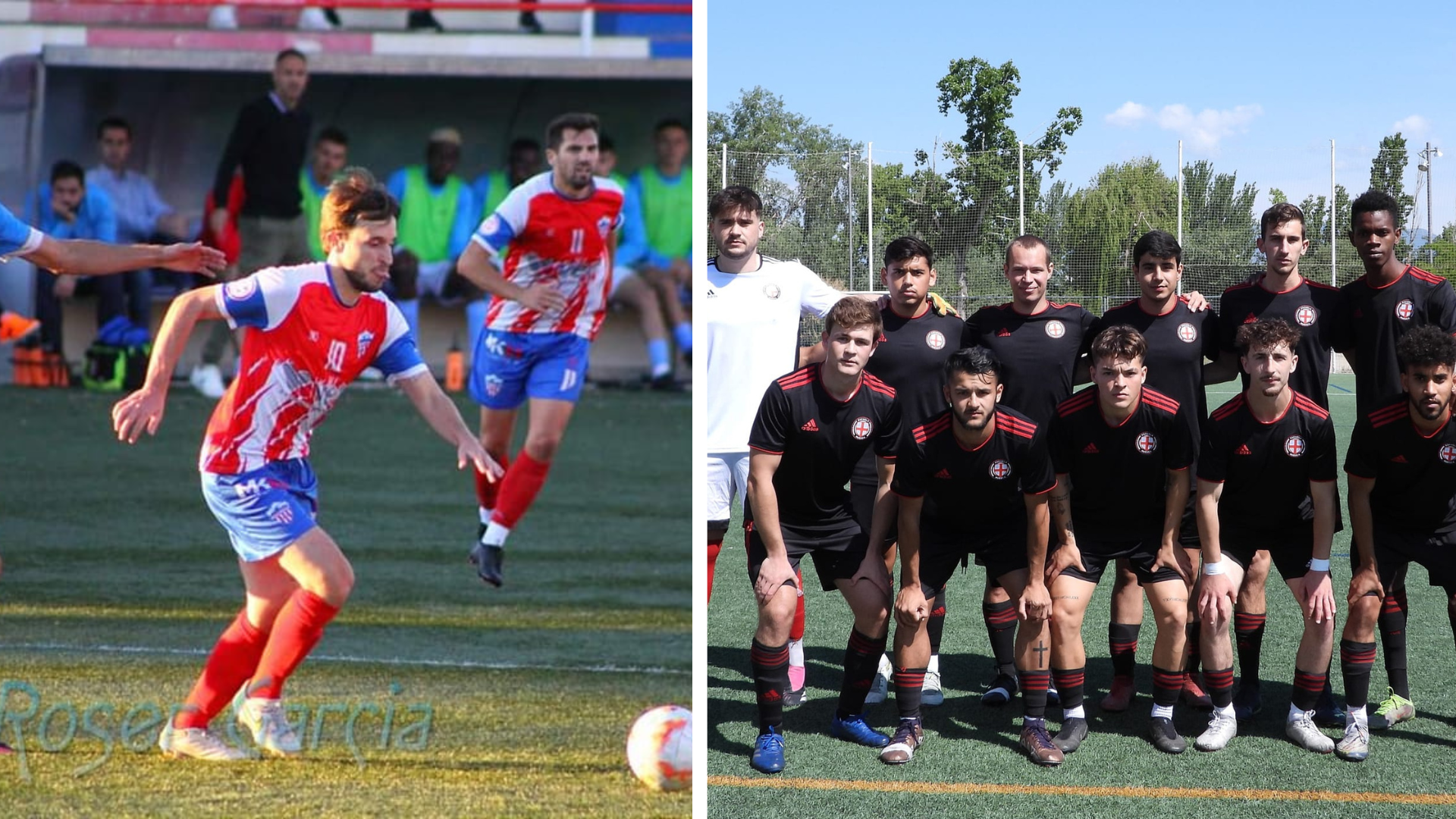 Lasús, jugador del Monzón, conduce un balón. Once del Inter de Huesca en un partido de esta temporada. Fotos: Roser García/Inter Huesca