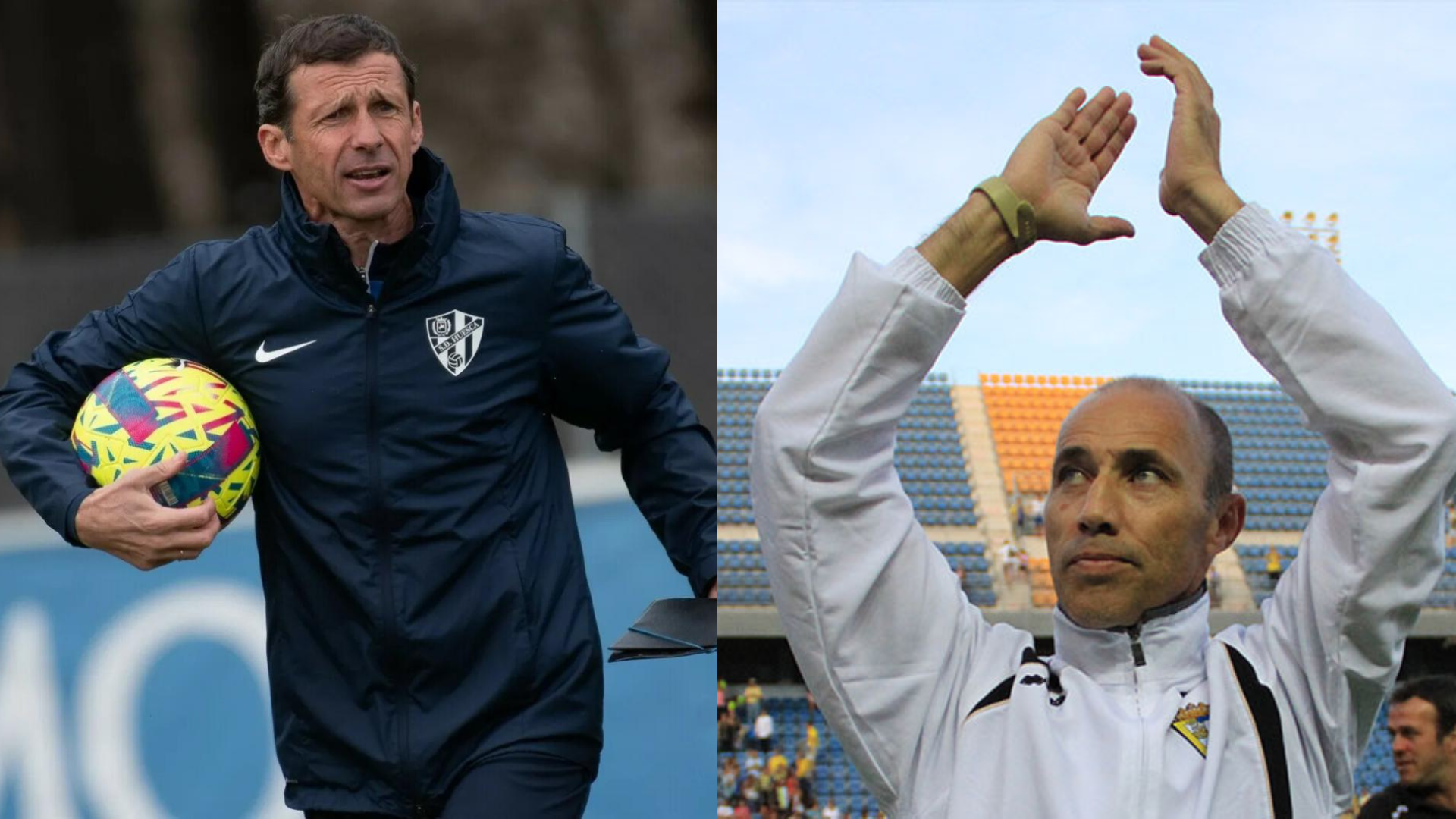Cuco Ziganda, entrenador del Huesca y Antonio Calderón, quien fuera preparador del Huesca durante dos temporadas.