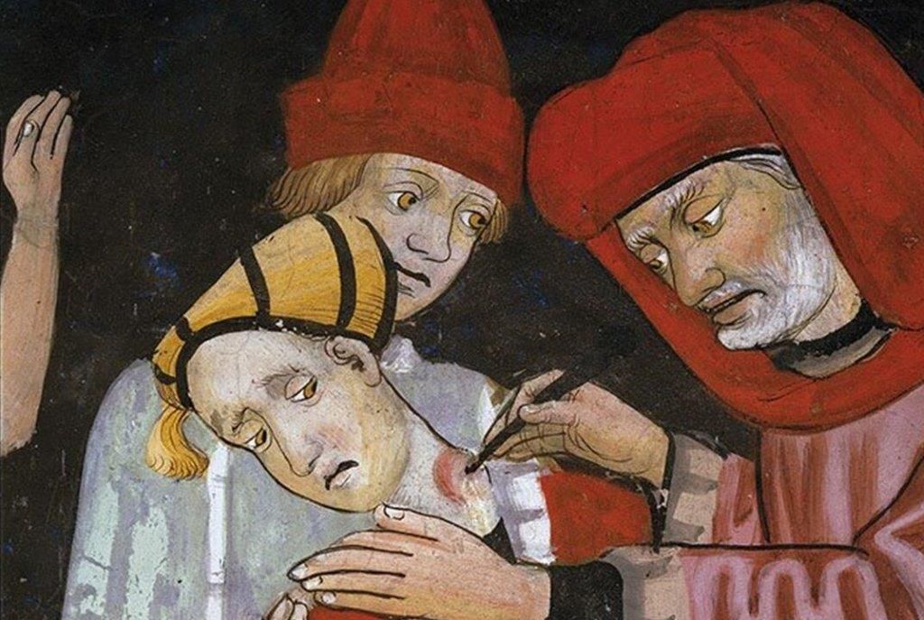 Un médico saja un bubón. Fresco de la capilla de San Sebastián. Siglo XV. Lanslevillard, Francia